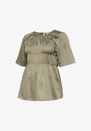 Korte mouwen olijfgroene blouse met geplooide elastische details op het lijfje en een ronde hals met een knoopsluiting aan de achterkant.