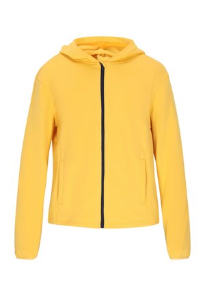 Felpa gialla con zip integrale, maniche lunghe, due tasche laterali e cappuccio attaccato, mostrata su sfondo bianco.