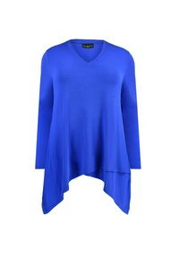 Blå V-ringad topp med långa ärmar, med en flödande fåll. Tillverkad av mjukt tyg med en slät yta och lätt lyster.