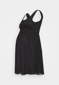 Vestido de maternidade preto com corpete ajustado e saia fluida. Apresenta alças largas e uma textura suave e macia.