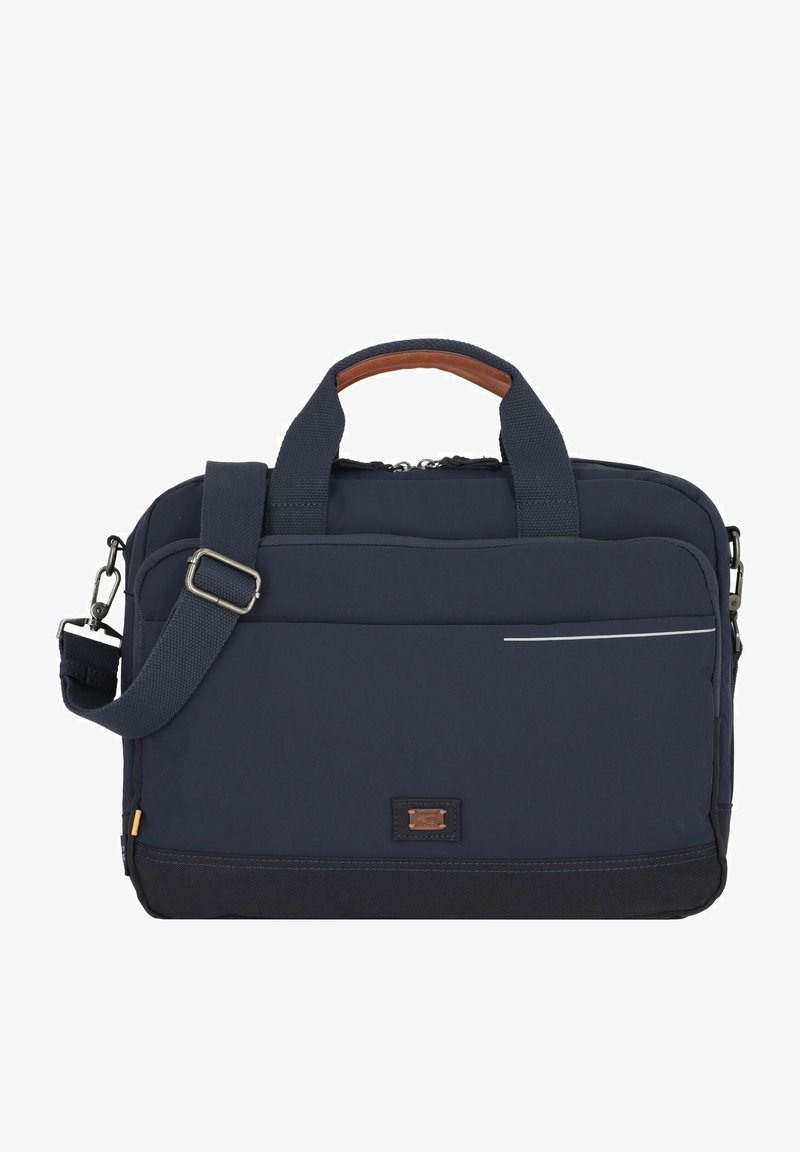 Navy fabric messenger bag with leather accents, dual handles, and adjustable shoulder strap. Features a front pocket and silver trim.