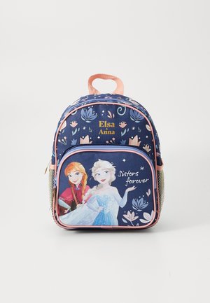 Blue fabric backpack featuring characters Elsa and Anna. Accented with pink trim, floral patterns, and the phrase "Sisters forever."
