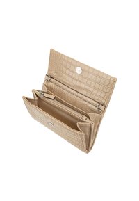 Beige portemonnee met krokodillenstructuur en een gestructureerd oppervlak, voorzien van een drukknoopsluiting en meerdere vakken, waaronder een vak met rits.