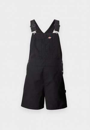 Čierne krátke nohavice na traky s nastaviteľnými ramennými popruhmi, predným vreckom na náprsníku, bočnými gombíkmi a malou farebnou nášivkou s logom na hrudi.