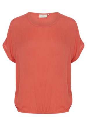 Blouse corail à manches courtes en tissu léger. Dispose d'un col rond et d'un ourlet élastique avec une coupe ample, offrant une silhouette drapée.