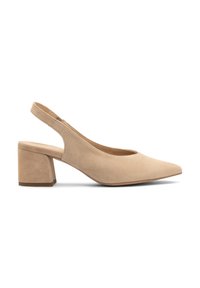 Beige mokkasiner med pyntesko og en spiss tå samt en blokkhelt. Den har åpen bak og en glatt, matt tekstur for et minimalistisk design.