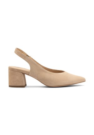 Beżowe zamszowe buty na obcasie typu slingback z noskiem w szpic i blokowym obcasem. Cechują się otwartym tyłem oraz gładką, matową fakturą, co nadaje im minimalistyczny design.