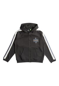 Sudadera gris con cremallera y capucha, con un diseño gráfico en el pecho, bolsillos frontales y rayas blancas a los lados de las mangas.