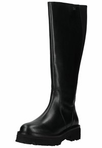 Knöchelhoher schwarzer Lederstiefel mit glatter Textur, runder Zehenpartie, robustem Gummisohle und elastischem Seitenpaneel für Flexibilität.