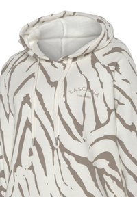 Sudadera con capucha en crema con rayas abstractas marrones, que cuenta con cordones con puntas metálicas y detalles de logo en la parte frontal.