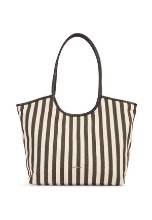 Borsa a tracolla a righe con colori marrone e crema, realizzata in materiale intrecciato, con bordi superiori arrotondati e manici lunghi. Dettaglio logo dorato alla base.