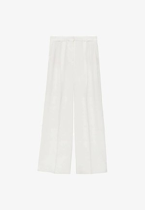 Pantaloni albi cu talie largă, confecționați dintr-un material ușor. Prezintă un front plat cu plii și un brâu standard. Textură netedă, fără modele vizibile.