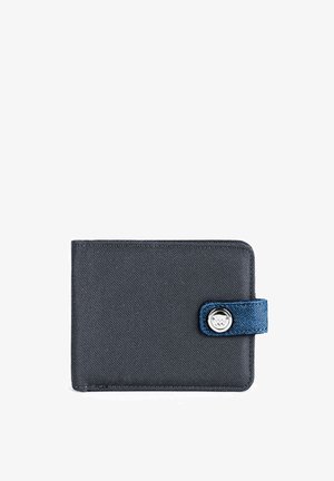 Black fabric wallet with a textured finish, featuring a blue fabric strap and silver button closure on the front. Rectangular shape.