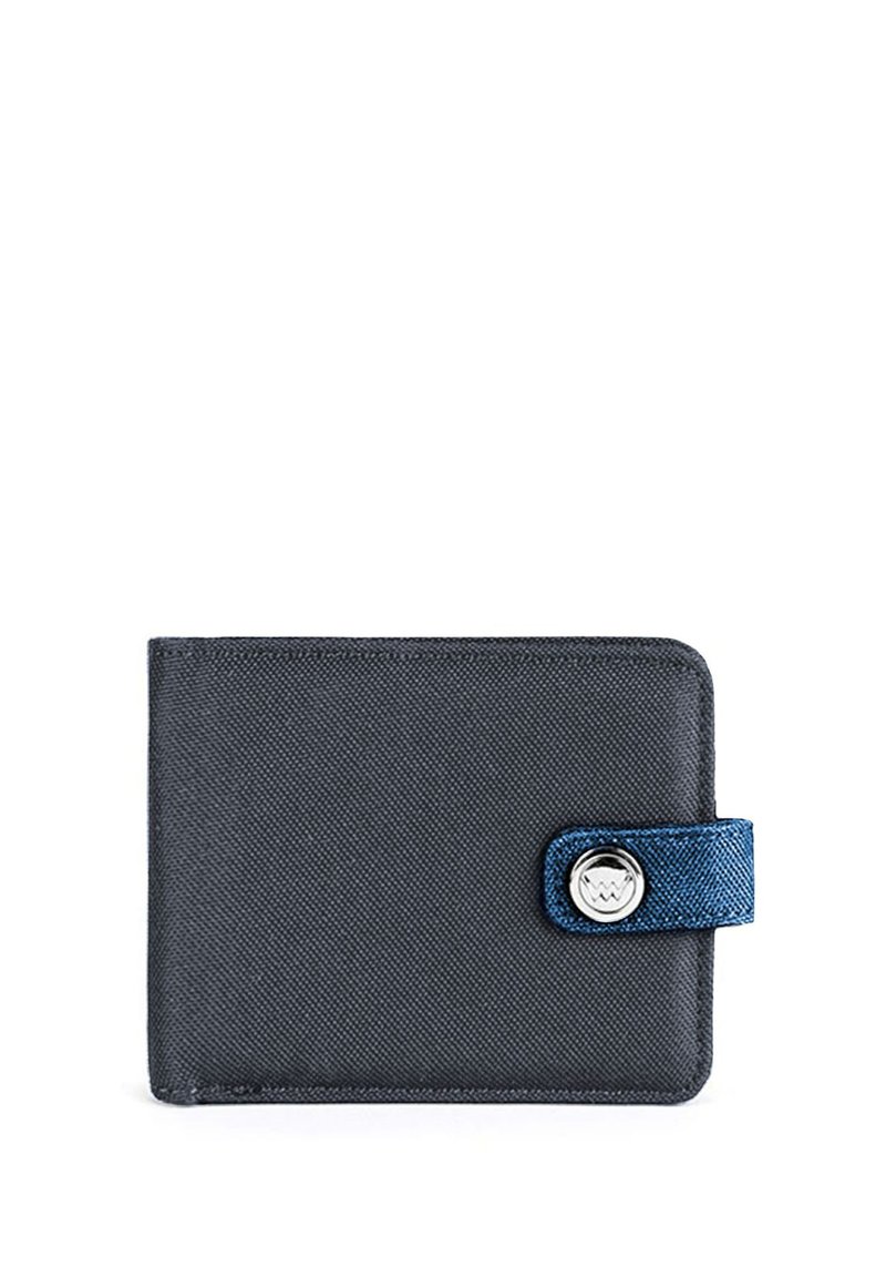 Black fabric wallet with a textured finish, featuring a blue fabric strap and silver button closure on the front. Rectangular shape.
