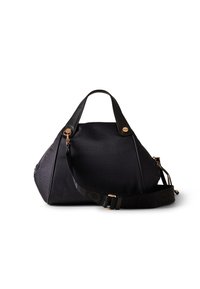 Black textured handbag with short handles, detachable wide shoulder strap, and gold-tone hardware on a white background.