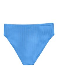 Modré bikini kalhotky s žebrovanou texturou, s mírným vzestupem a obdélníkovým tvarem. Na přední straně diskrétní značka.