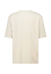 Vaa beige, lyhythihainen T-paita, joka on valmistettu pehmeästä puuvillasta ja jossa on pyöreä kaula-aukko sekä suora leikkaus. Takana ei ole koristeita tai kuvioita.