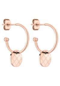 Ohrringe aus Roségold mit einem kreisförmigen Charm und einem gravierten Muster. Das Design zeichnet sich durch eine glatte, polierte Oberfläche und subtile Akzente aus.