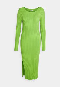 Abito a maniche lunghe a coste di un brillante verde. Presenta un scollo rotondo, uno spacco laterale e una vestibilità aderente. Realizzato in materiale morbido e elasticizzato.