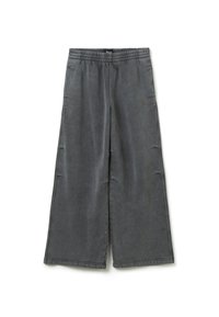 Grijze wijde broek van zacht stof, met een elastische tailleband en een subtiele merklogo aan de zijkant. Glad textuur zonder patronen.