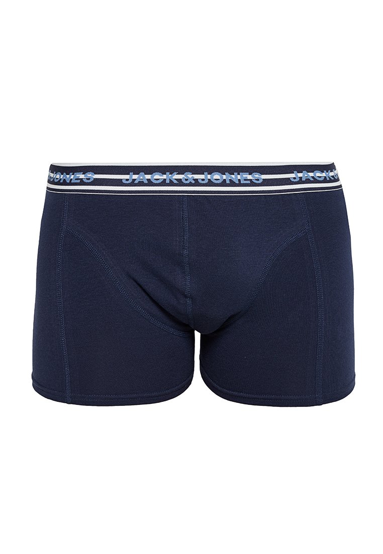 Boxers en bleu marine en coton avec une ceinture élastique douce portant le nom de la marque "JACK&JONES" en bleu clair contrastant.