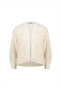 Crèmekleurige cardigan met tekstuurlijke franjes over de schouders en mouwen, gebreide details en een ontspannen open voorkant ontwerp.