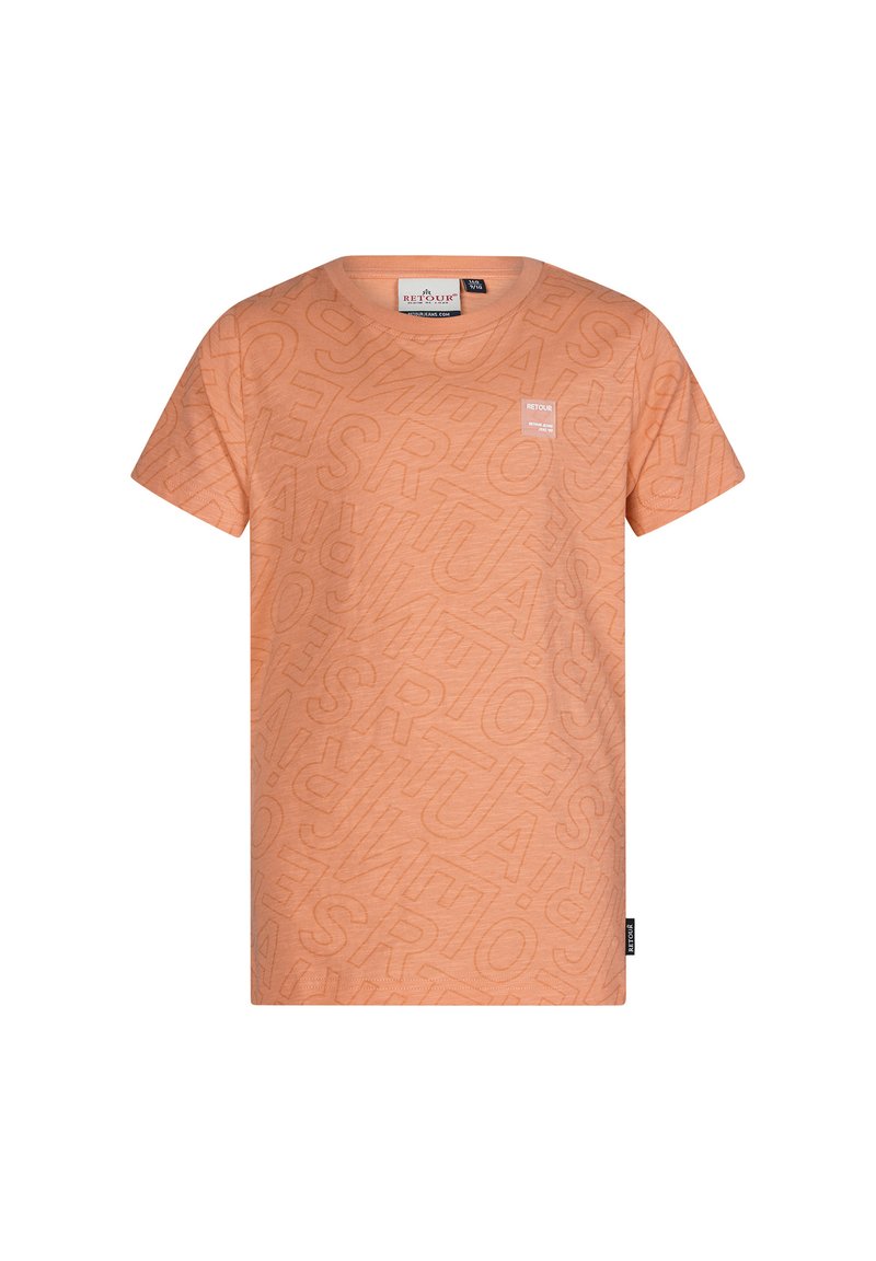 T-shirt color pesca con maniche corte, scollatura rotonda e un motivo in rilievo con la parola "Retour" su tutta la superficie. Etichetta sulla scollatura.