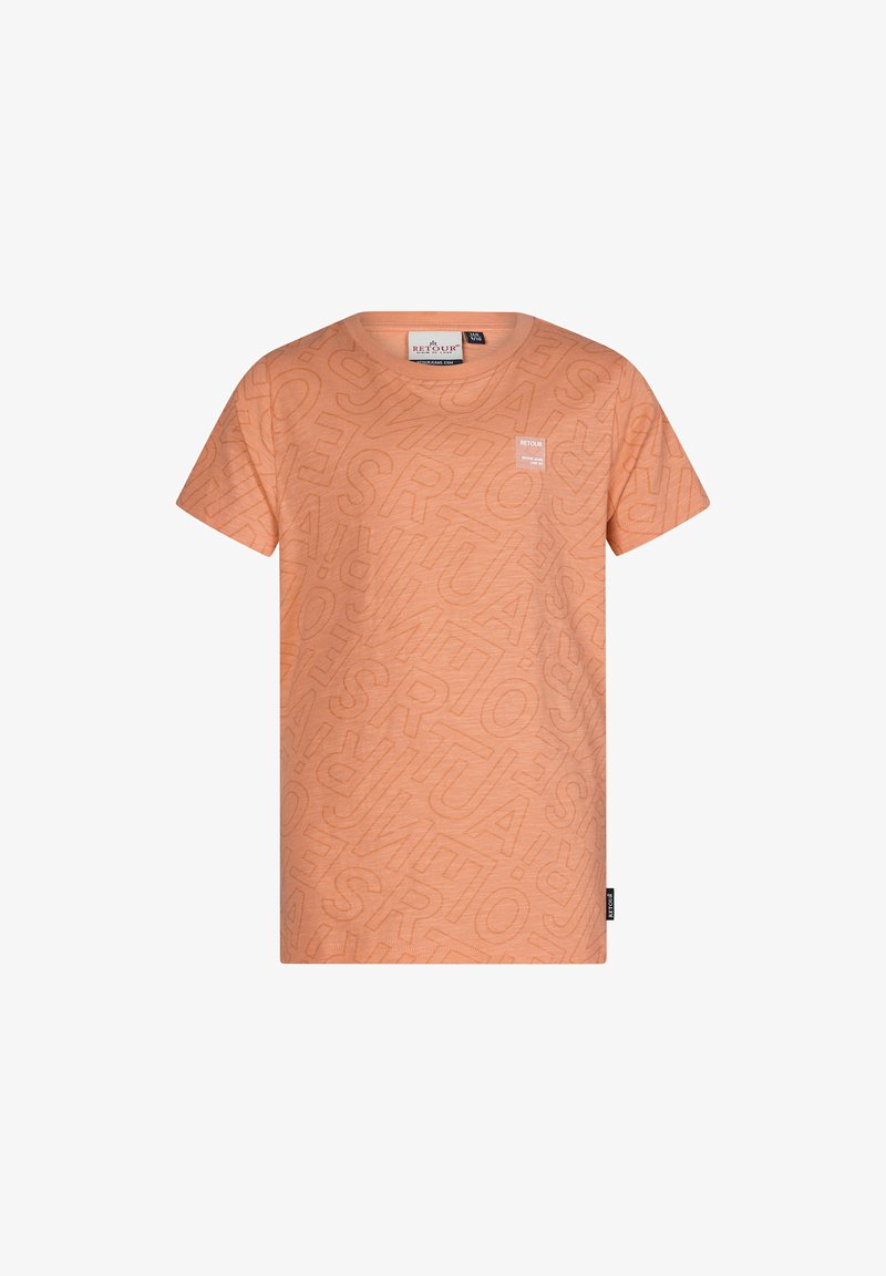 T-shirt color pesca con maniche corte, scollatura rotonda e un motivo in rilievo con la parola "Retour" su tutta la superficie. Etichetta sulla scollatura.