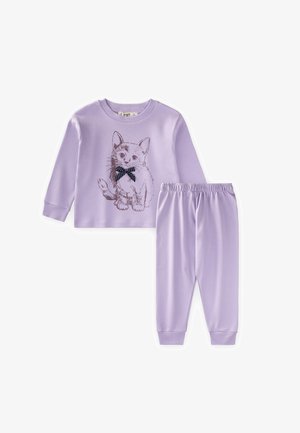 Lila Langarmshirt mit Kätzchenillustration und gepunkteter Schleife, kombiniert mit passenden Hosen mit elastischem Bund.