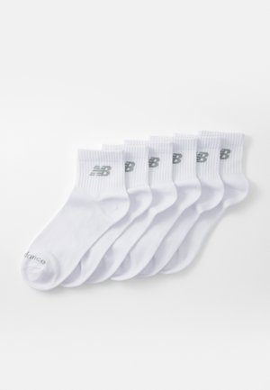 White crew socks in a set of six, featuring ribbed cuffs and a gray logo, made from a soft, stretchy material suitable for everyday wear.