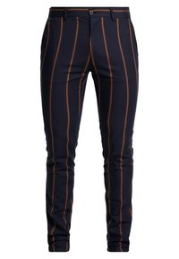 Navy pants featuring horizontal brown stripes. Made of a smooth material, with a tailored fit and standard five-pocket design.