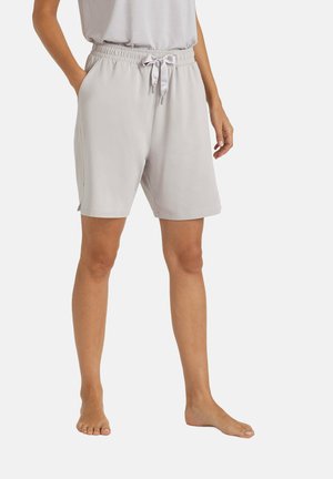 Hellgraue Shorts mit elastischem Bund und Kordelzug, ausgestattet mit Taschen an den Seiten und einer glatten Textur. Gerader Schnitt mit einer lässigen Passform.