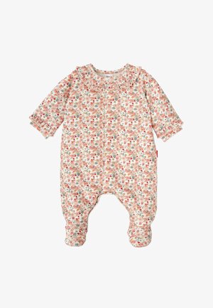 Mono con estampado floral en melocotón sobre fondo blanco, con escote con volantes y cierre de botones, mangas largas y diseño con pies.