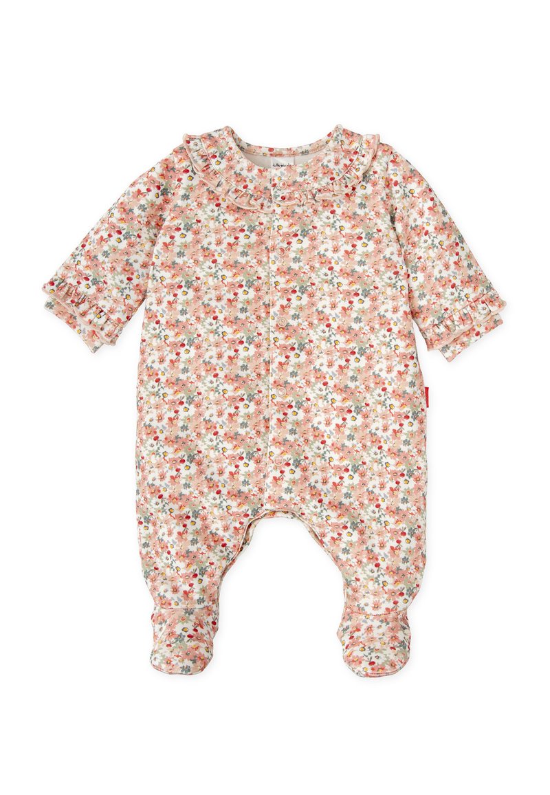 Mono con estampado floral en melocotón sobre fondo blanco, con escote con volantes y cierre de botones, mangas largas y diseño con pies.