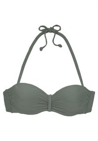 Top bikini bandeau verde oliva con un motivo a zigzag testurizzato, con lacci regolabili al collo e dettaglio di tessuto arricciato sul busto.