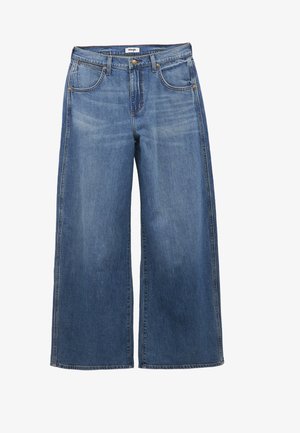 Modré džíny širokého strihu s vysokým pásom, predné vrecká, zapínanie na gombík a zips, štítok Wrangler na páse.