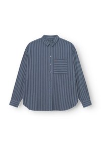 Langärmliges Shirt mit blauen Streifen, Button-Down-Kragen, Brusttasche und abgerundetem Saum. Hergestellt aus leichtem Stoff mit kontrastierenden Streifen.