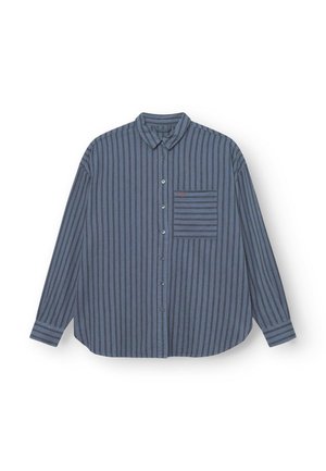 Langärmliges Shirt mit blauen Streifen, Button-Down-Kragen, Brusttasche und abgerundetem Saum. Hergestellt aus leichtem Stoff mit kontrastierenden Streifen.