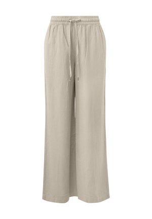 Beige wide-leg pants with elastic waistband and drawstring tie, made from lightweight fabric.