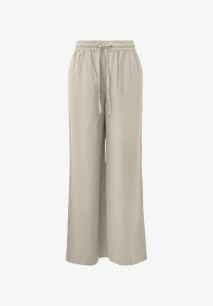 Pantaloni beige a gamba larga con vita elastica e coulisse, realizzati in tessuto leggero.