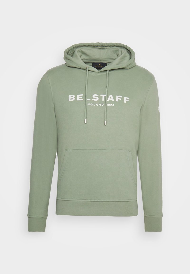 Sweat à capuche vert clair avec poche avant, cordons et texte blanc "BELSTAFF ENGLAND 1924" sur la poitrine.