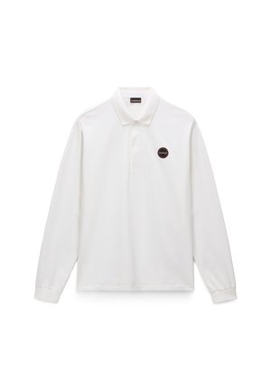 Wit polo shirt met lange mouwen, gemaakt van katoen. Het heeft een kraag, een knoopsluiting en een rond logo op de linkerborst.