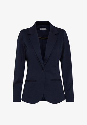 Tengerészkék, női, testre szabott blézer hosszú ujjakkal, bevágott hajtókával, egysoros gombolással és két elülső sliccelt zsebbel.