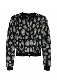 Cardigan à imprimé léopard noir et gris, avec col rond, manches longues, poignets et ourlet côtelés, et cinq boutons dorés sur le devant.