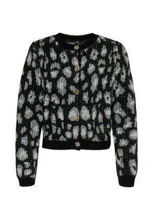 Cardigan à imprimé léopard noir et gris, avec col rond, manches longues, poignets et ourlet côtelés, et cinq boutons dorés sur le devant.