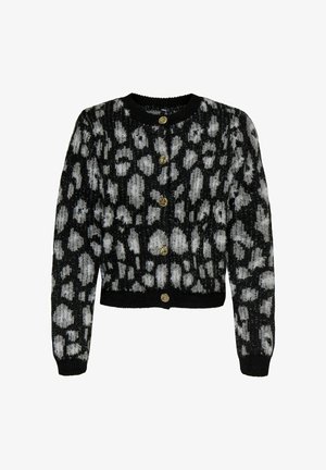 Juodas ir pilkas pūkuotas leopardų rašto kardiganas su apvaliu kaklu, ilgomis rankovėmis, raukšlėtais rankogaliais ir apatine dalimi, bei penkiomis auksinėmis sagomis priekyje.