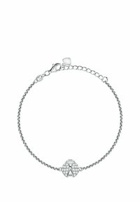 Bracciale in argento con una delicata catena, chiusura a gancio e un accento centrale con un design geometrico decorato con strass trasparenti.