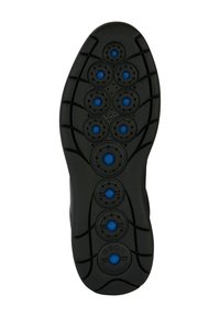 Suola in gomma nera con un motivo della battistrada caratterizzato da accenti blu circolari e fori di ventilazione, brandizzata con "GEOX" vicino al tallone.