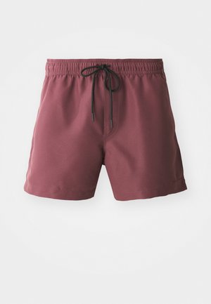 Burgundy swim shorts with an elastic waistband and black drawstring. Features side pockets and a smooth, lightweight fabric.