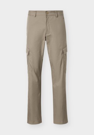 Beige straight-leg cargo pants with front flap pockets, belt loops, zipper fly, and button closure.